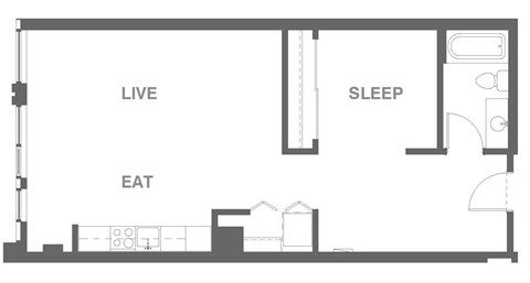 Floor plan for 1 bed, 1 bath, 729 sqft
